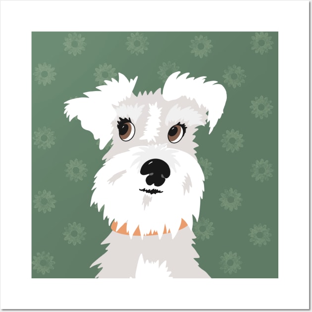 White Miniature Schnauzer Dog with Green Daisies Wall Art by NattyDesigns